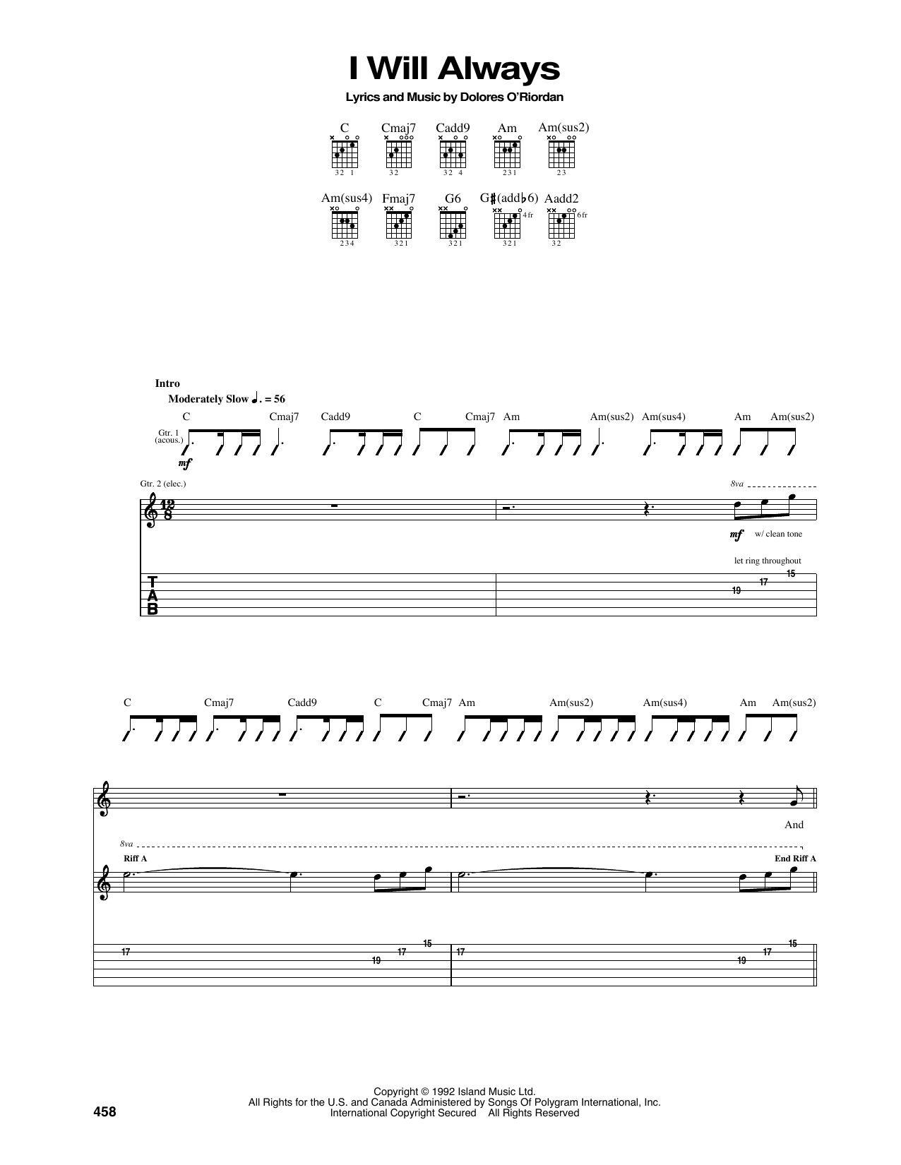 The Cranberries I Will Always sheet music notes and chords arranged for Guitar Tab