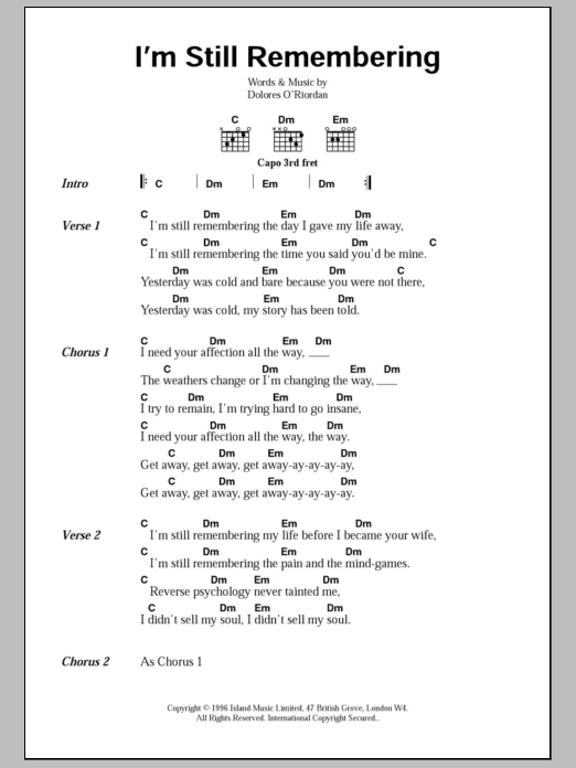 The Cranberries I'm Still Remembering sheet music notes and chords arranged for Guitar Chords/Lyrics