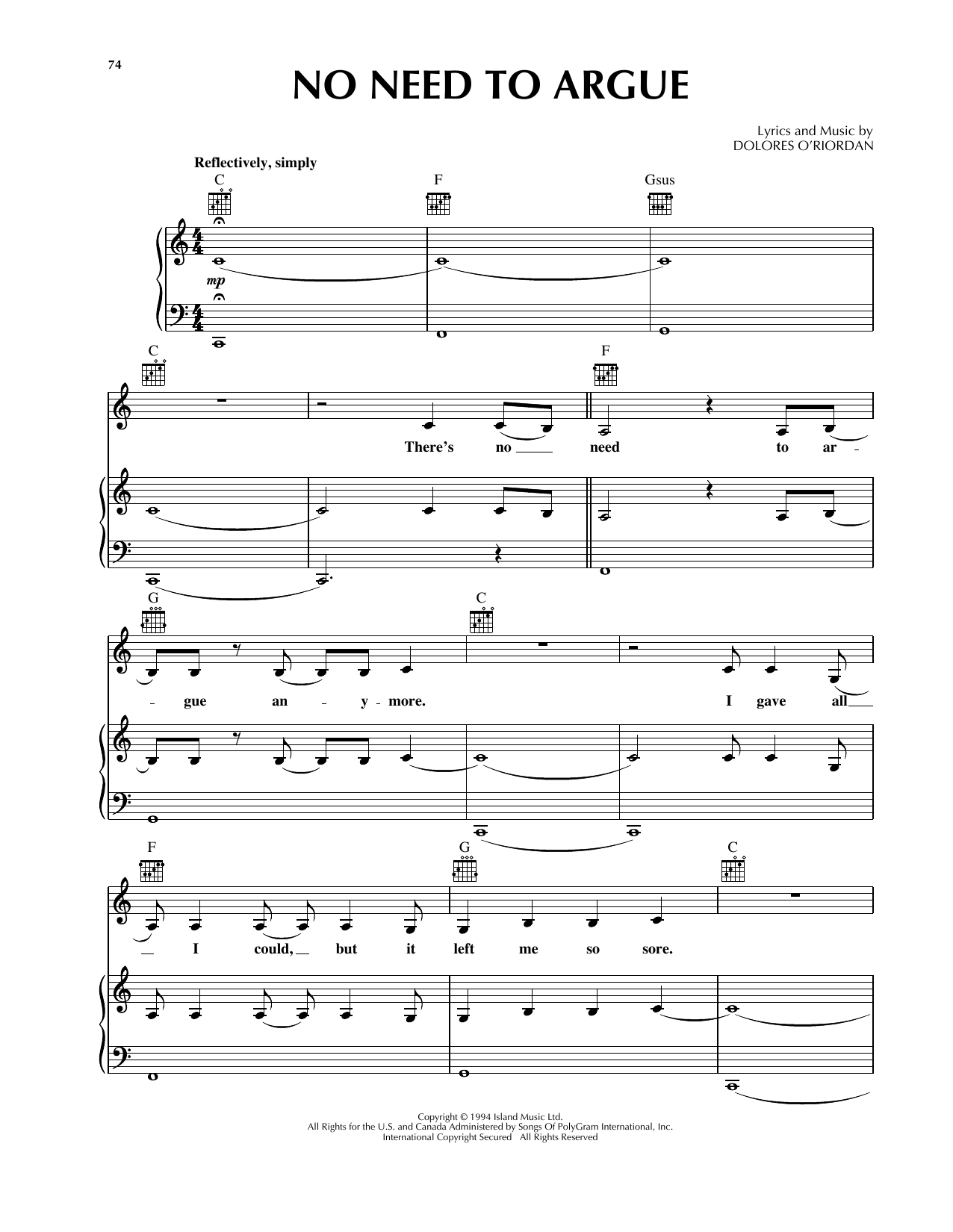 The Cranberries No Need To Argue sheet music notes and chords arranged for Piano, Vocal & Guitar Chords (Right-Hand Melody)