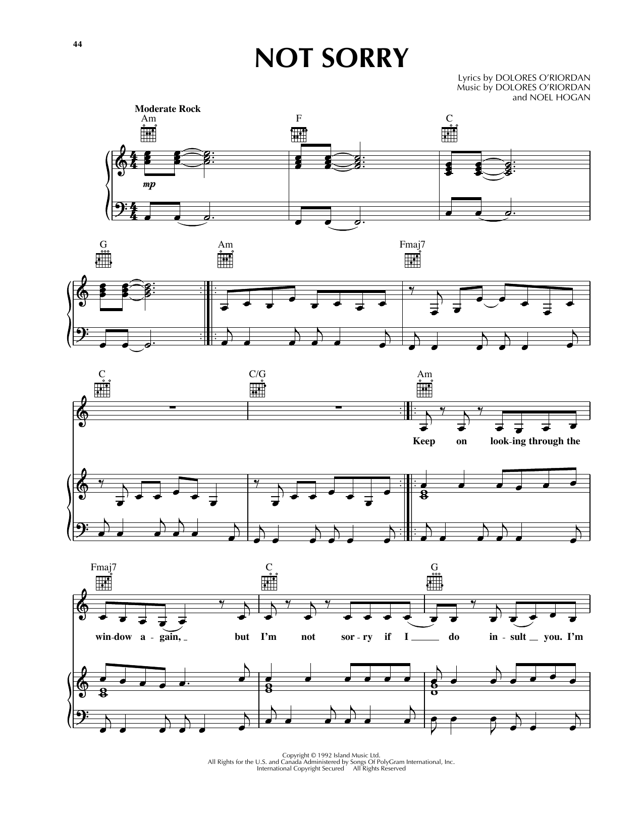 The Cranberries Not Sorry sheet music notes and chords arranged for Piano, Vocal & Guitar Chords (Right-Hand Melody)