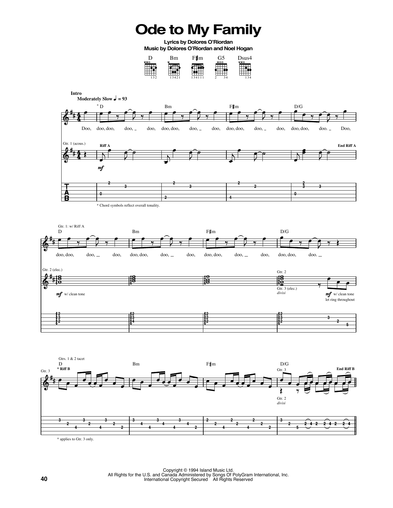 The Cranberries Ode To My Family sheet music notes and chords arranged for Guitar Tab