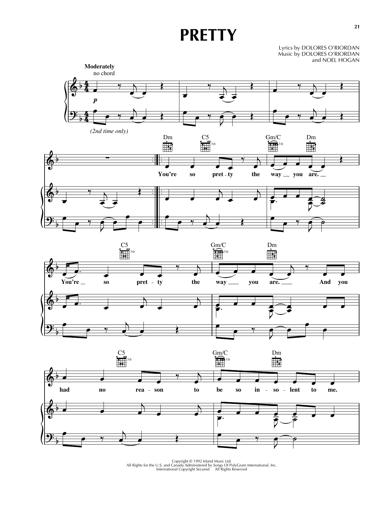 The Cranberries Pretty sheet music notes and chords arranged for Piano, Vocal & Guitar Chords (Right-Hand Melody)