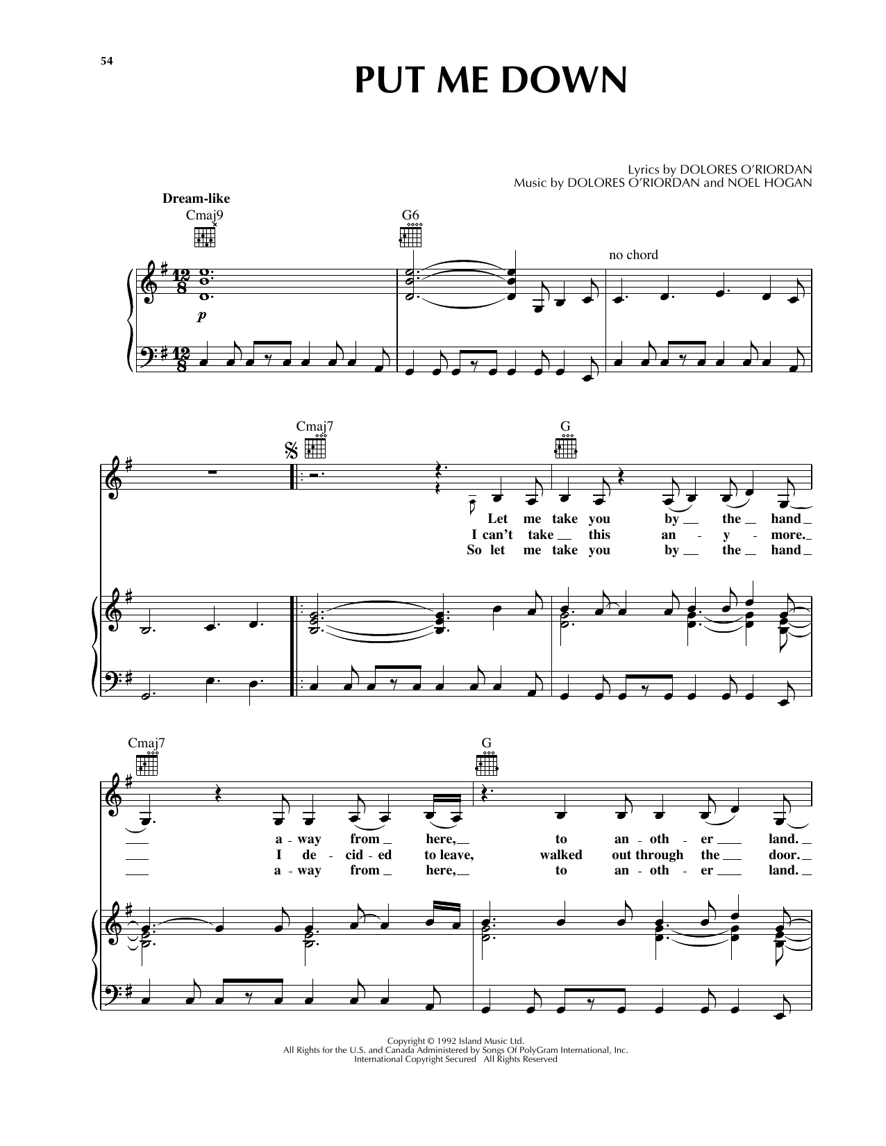 The Cranberries Put Me Down sheet music notes and chords arranged for Piano, Vocal & Guitar Chords (Right-Hand Melody)