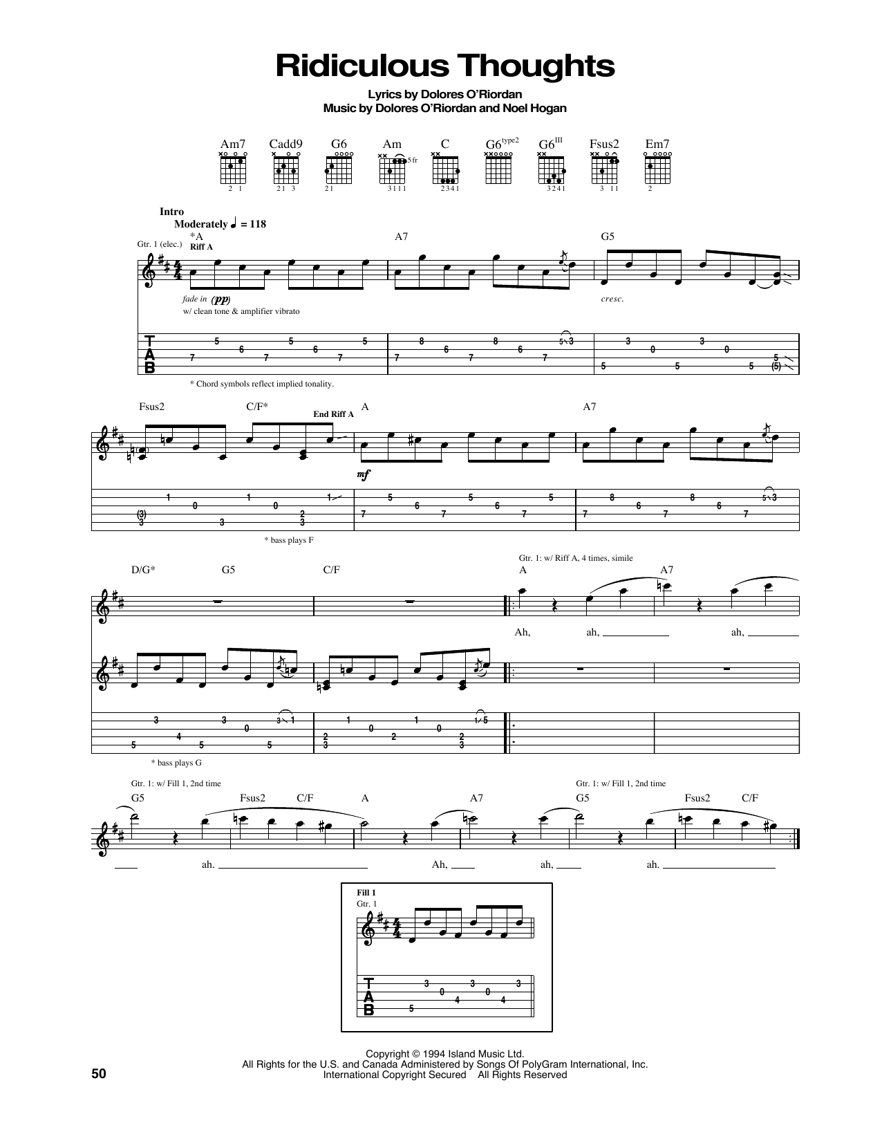 The Cranberries Ridiculous Thoughts sheet music notes and chords arranged for Piano, Vocal & Guitar Chords (Right-Hand Melody)