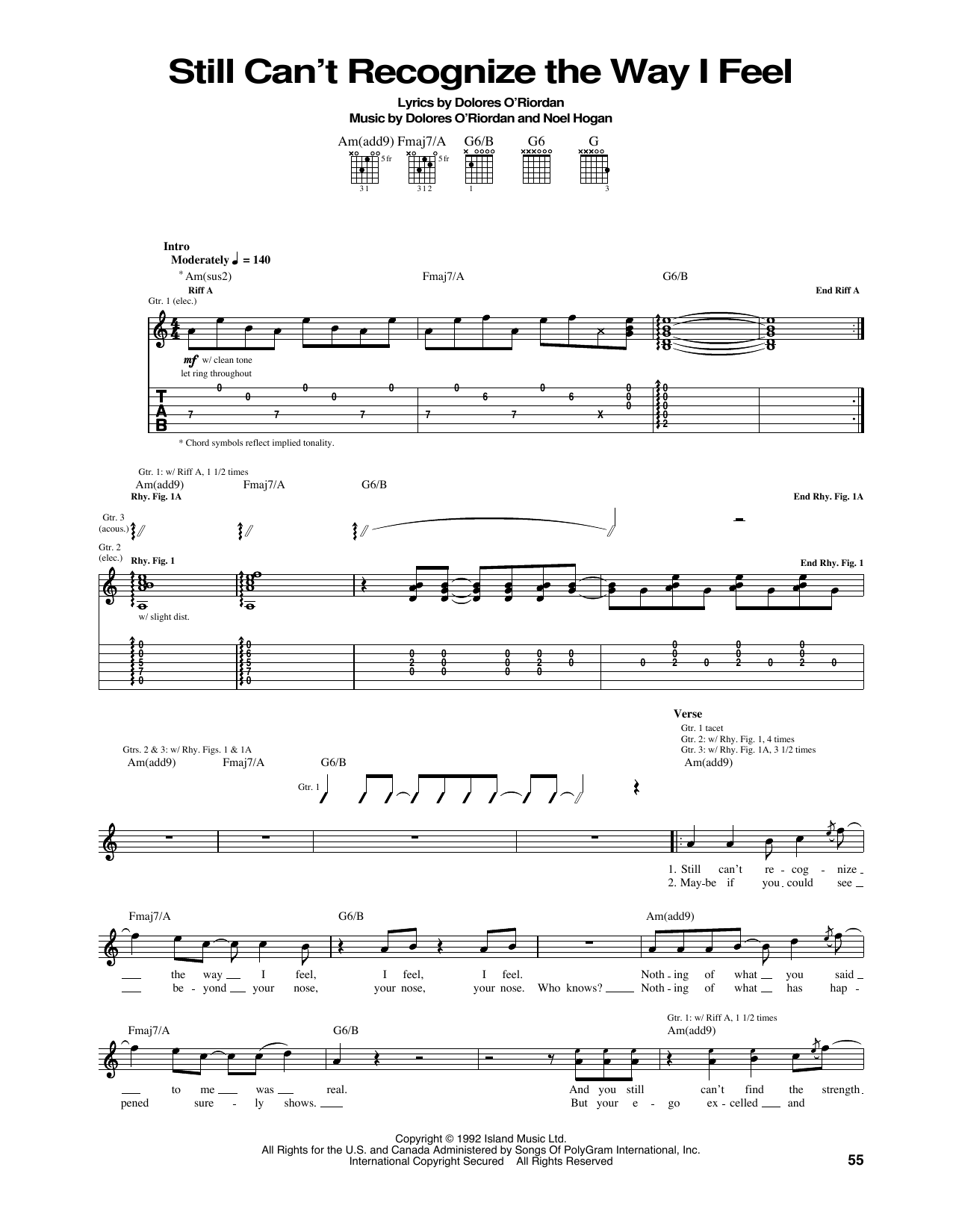 The Cranberries Still Can't Recognise The Way I Feel sheet music notes and chords arranged for Piano, Vocal & Guitar Chords (Right-Hand Melody)