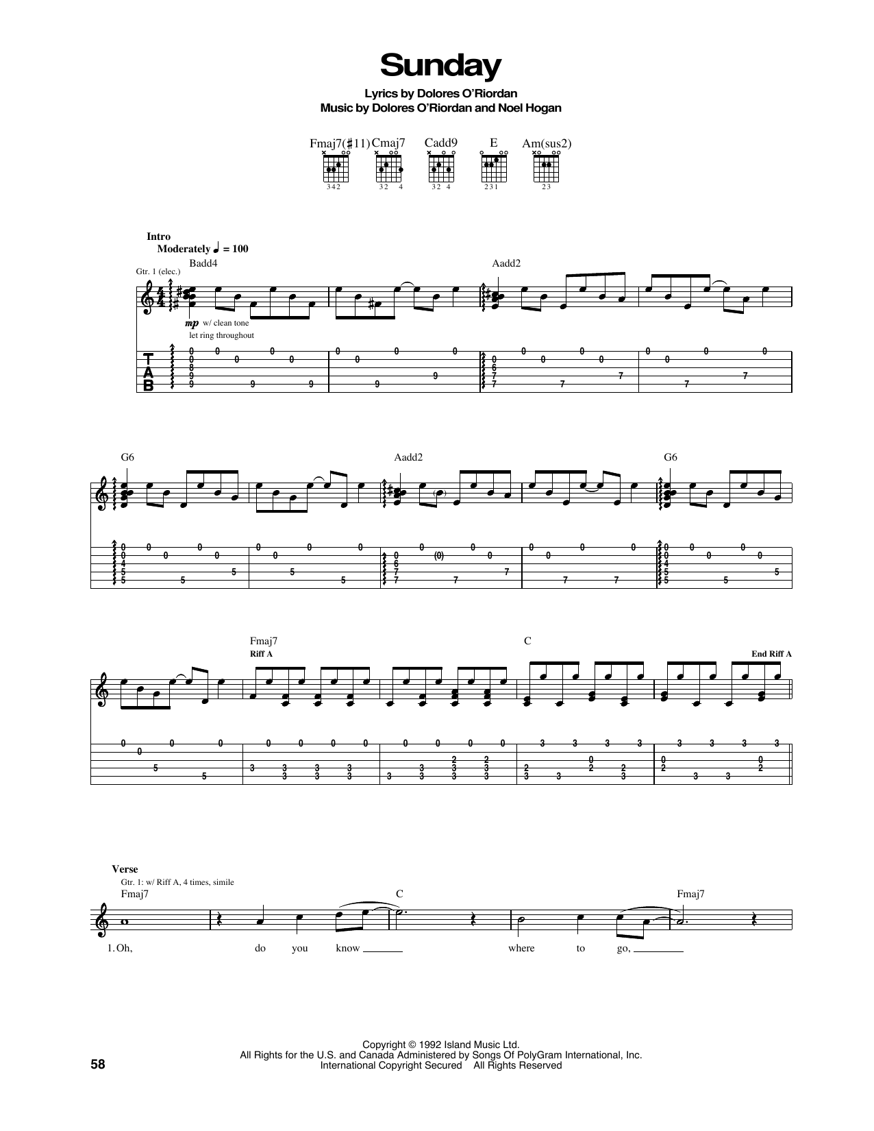 The Cranberries Sunday sheet music notes and chords arranged for Guitar Tab
