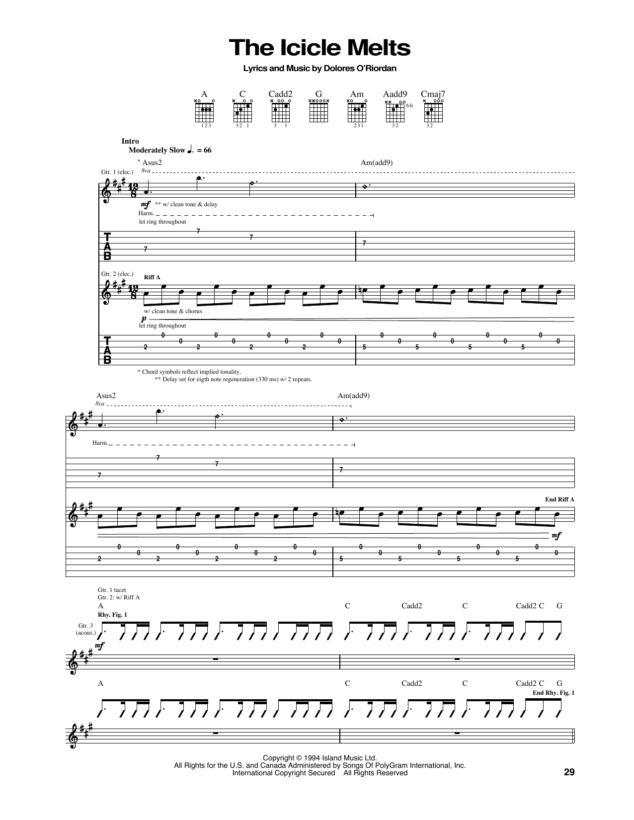 The Cranberries The Icicle Melts sheet music notes and chords arranged for Guitar Tab