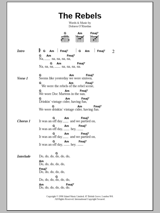 The Cranberries The Rebels sheet music notes and chords arranged for Guitar Chords/Lyrics