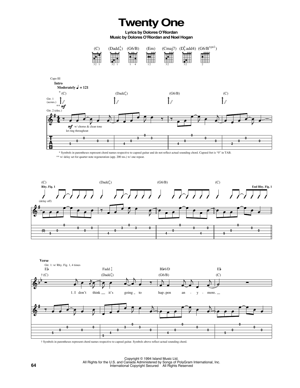 The Cranberries Twenty One sheet music notes and chords arranged for Guitar Tab