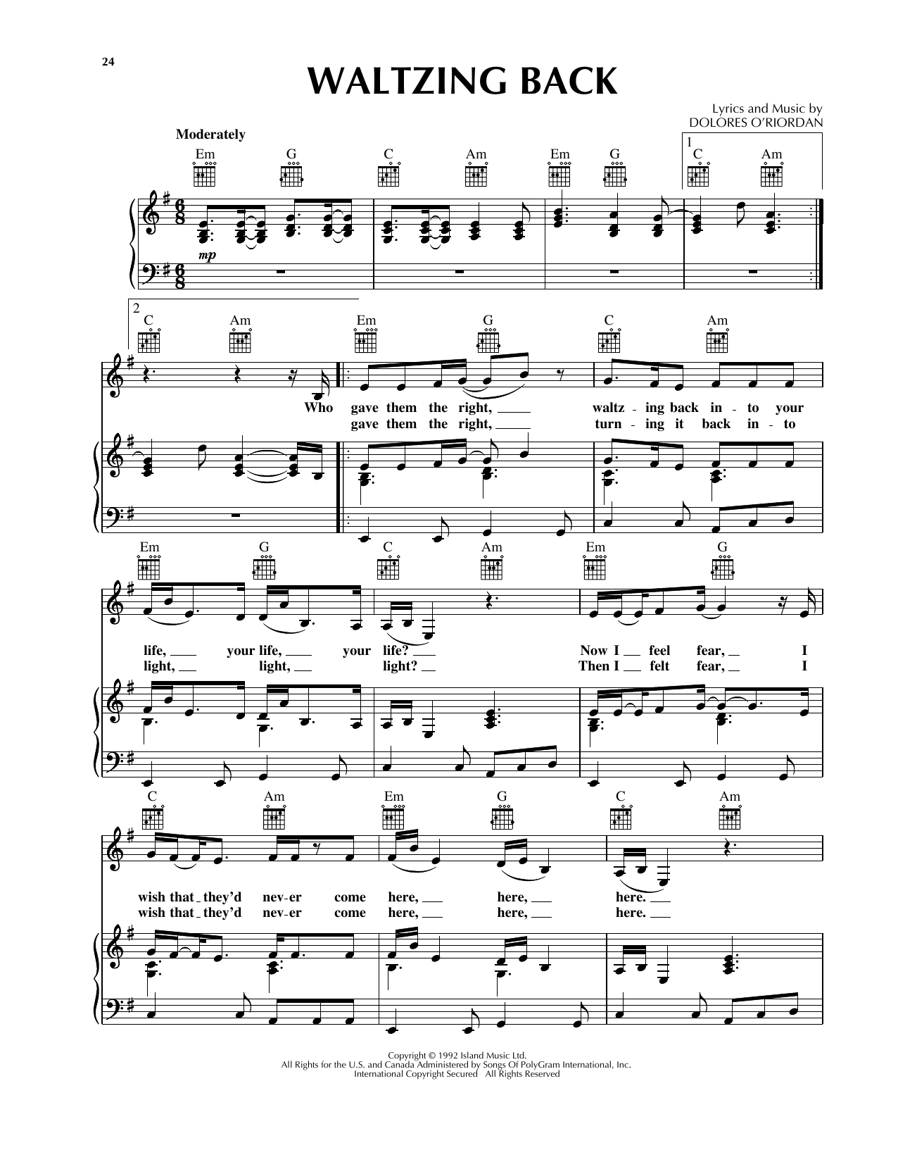 The Cranberries Waltzing Back sheet music notes and chords arranged for Piano, Vocal & Guitar Chords (Right-Hand Melody)