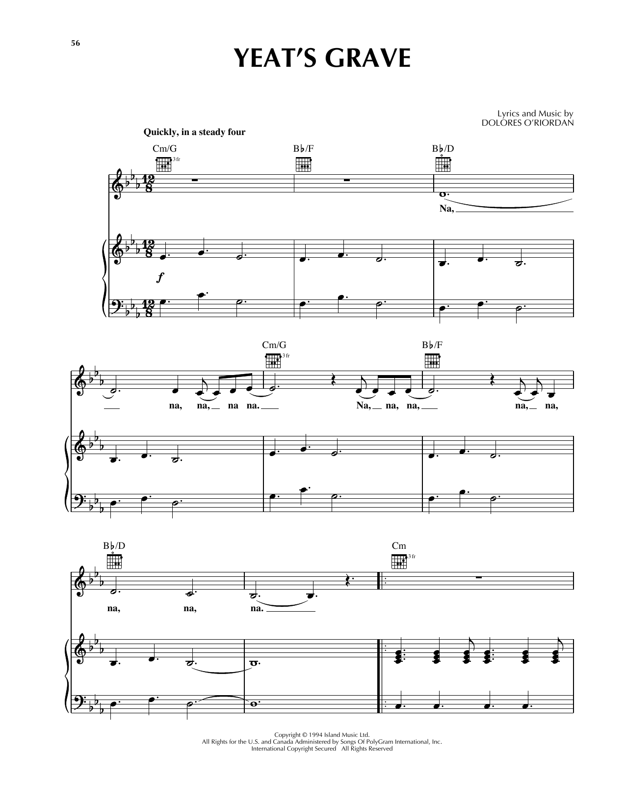 The Cranberries Yeat's Grave sheet music notes and chords arranged for Piano, Vocal & Guitar Chords (Right-Hand Melody)
