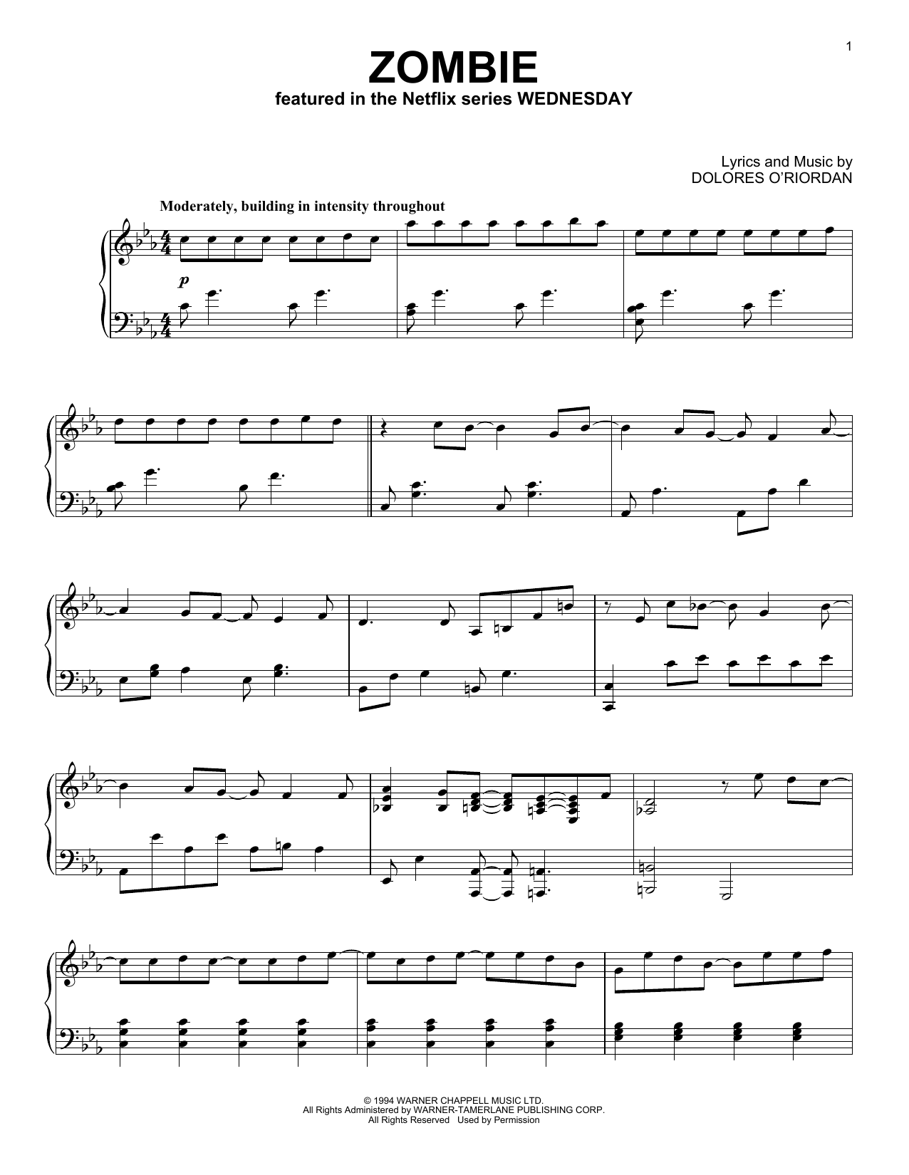 The Cranberries Zombie sheet music notes and chords arranged for Piano Solo