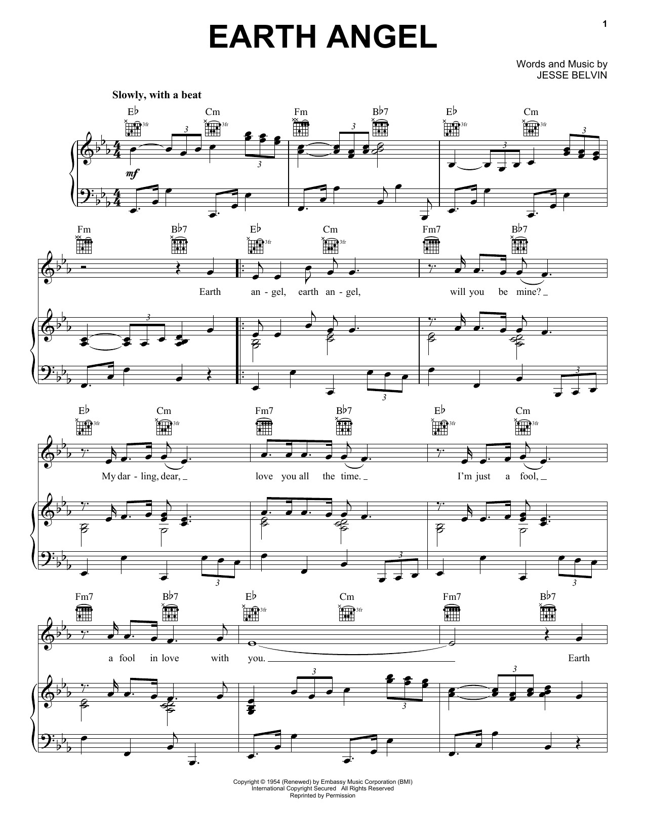 The Crew-Cuts Earth Angel sheet music notes and chords arranged for Piano, Vocal & Guitar Chords (Right-Hand Melody)