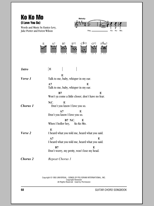 The Crew Cuts Ko Ko Mo (I Love You So) sheet music notes and chords arranged for Piano, Vocal & Guitar Chords (Right-Hand Melody)