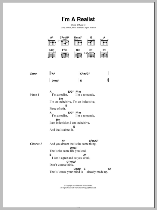 The Cribs I'm A Realist sheet music notes and chords arranged for Guitar Chords/Lyrics