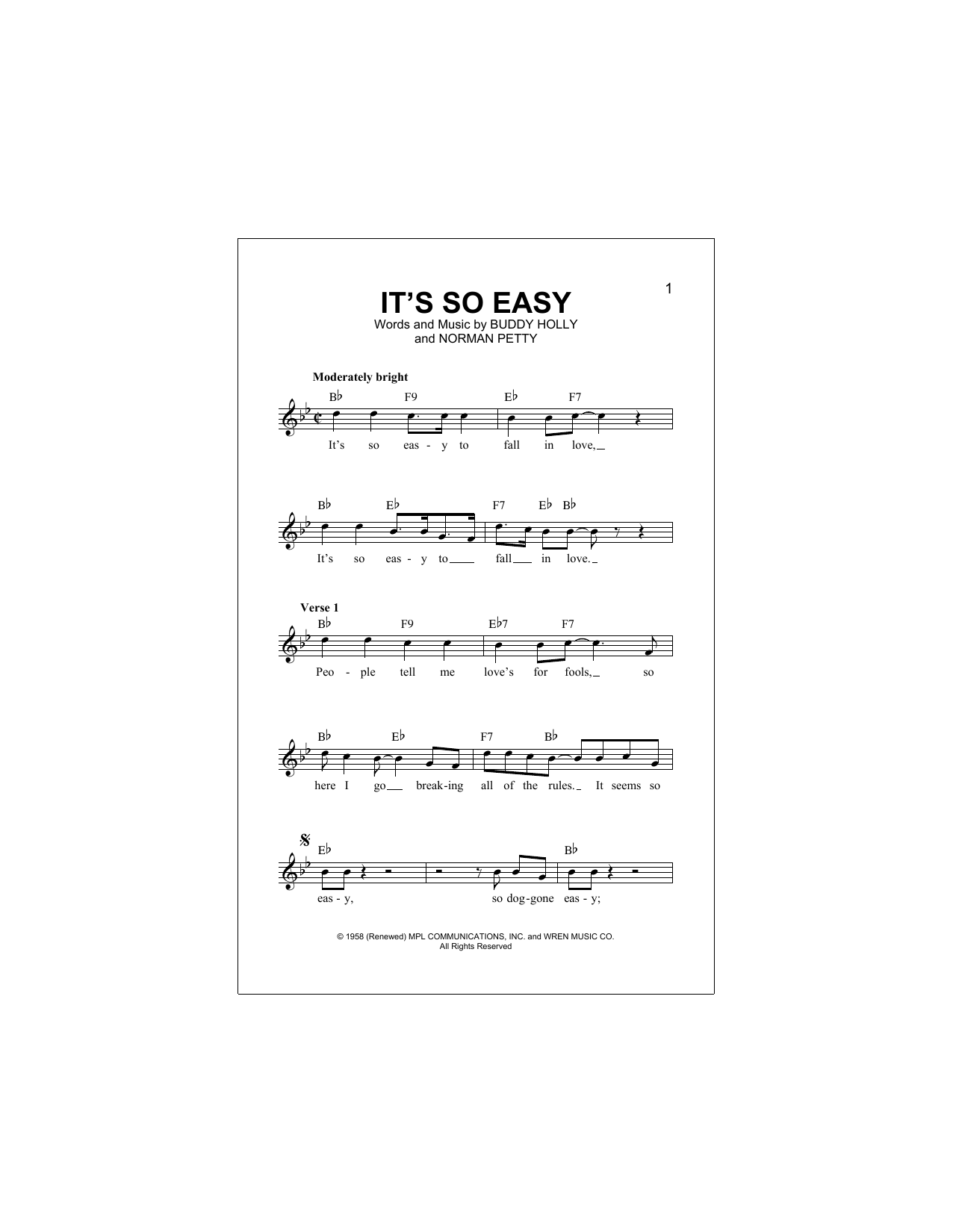 The Crickets It's So Easy sheet music notes and chords arranged for Easy Piano