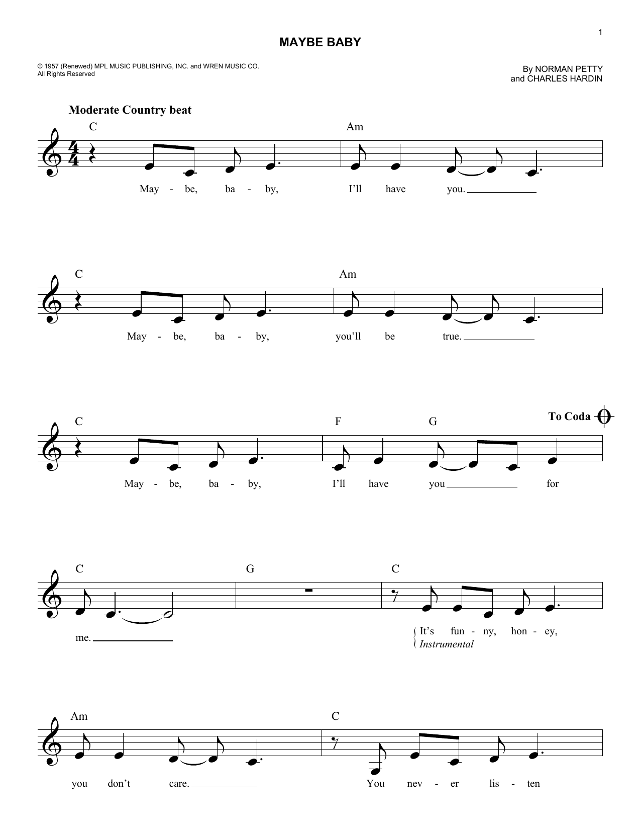 The Crickets Maybe Baby sheet music notes and chords arranged for Easy Piano