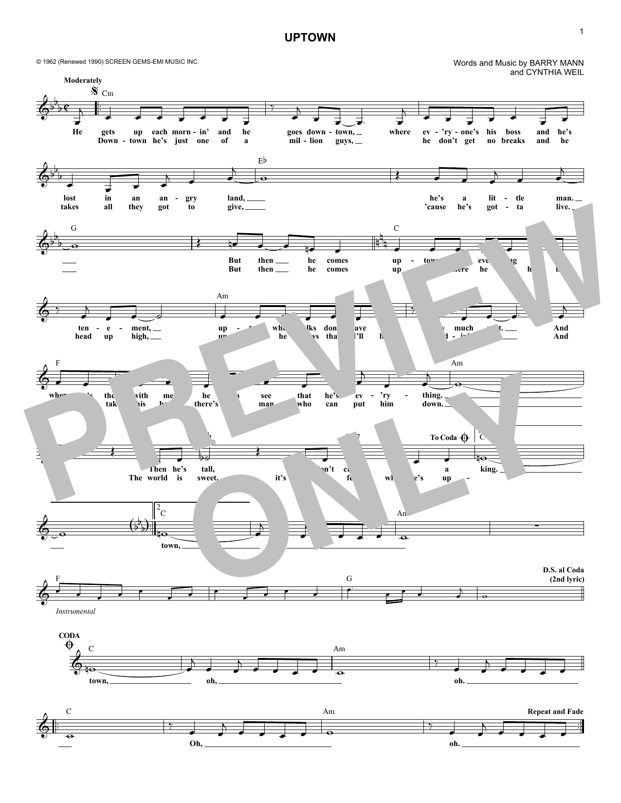 The Crystals Uptown sheet music notes and chords arranged for Lead Sheet / Fake Book
