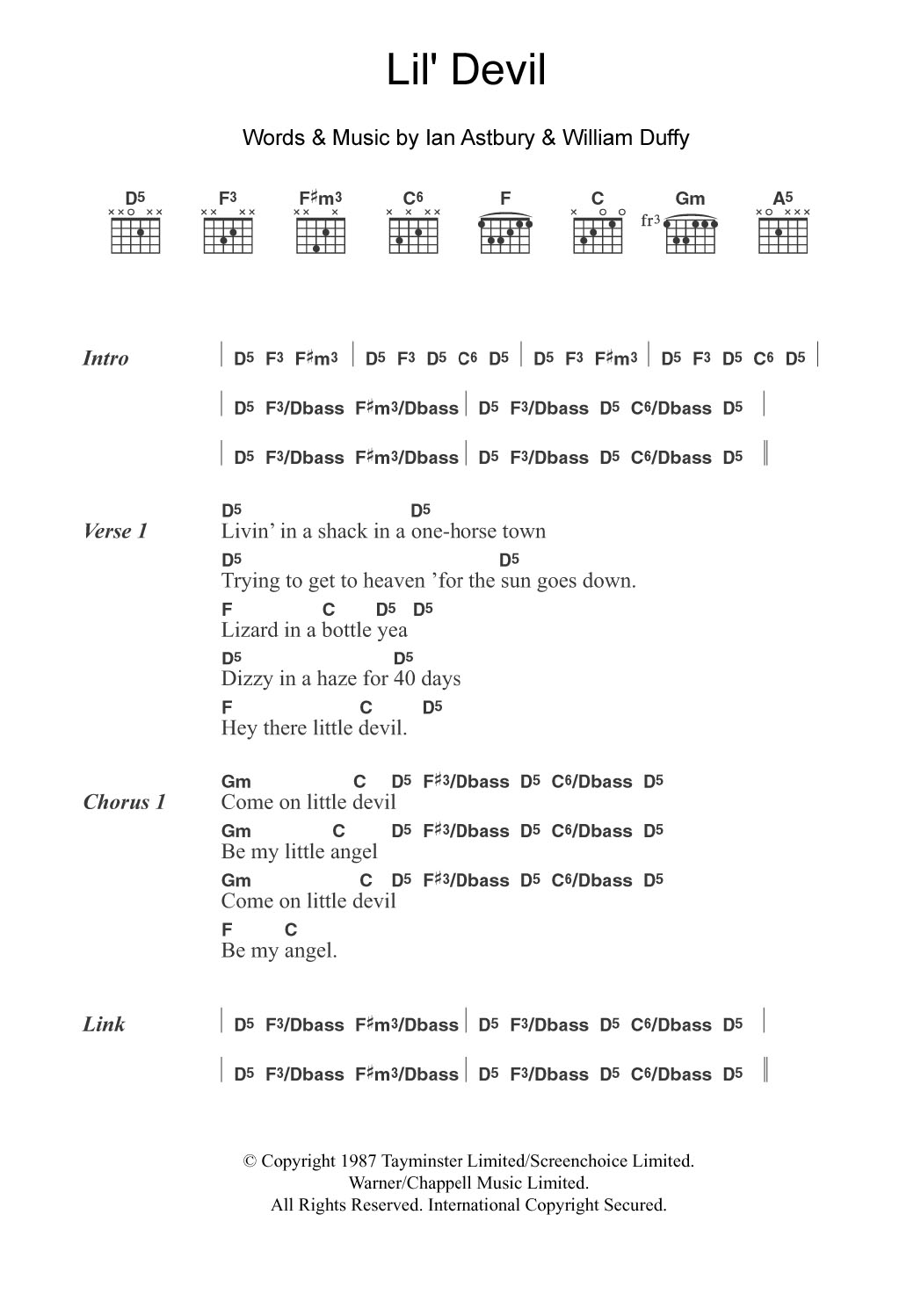 The Cult Lil' Devil sheet music notes and chords arranged for Guitar Chords/Lyrics