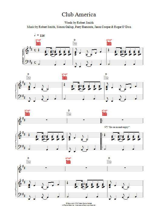 The Cure Club America sheet music notes and chords arranged for Piano, Vocal & Guitar Chords