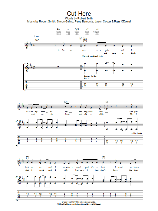 The Cure Cut Here sheet music notes and chords arranged for Guitar Tab