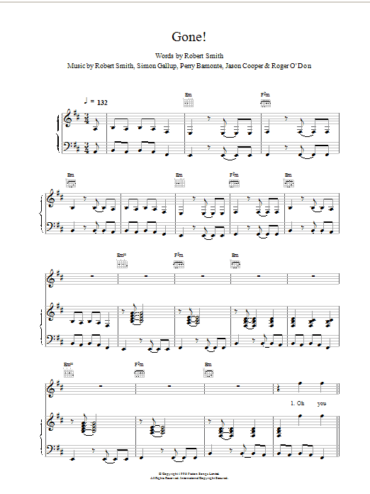 The Cure Gone! sheet music notes and chords arranged for Piano, Vocal & Guitar Chords