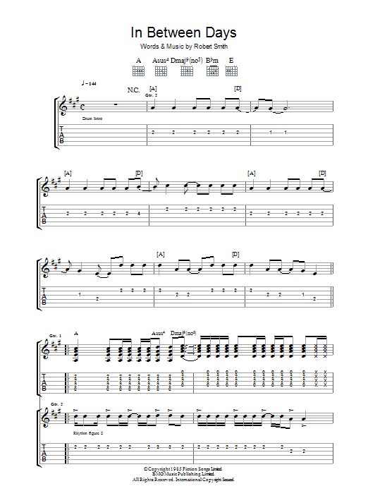 The Cure In Between Days sheet music notes and chords arranged for Guitar Chords/Lyrics