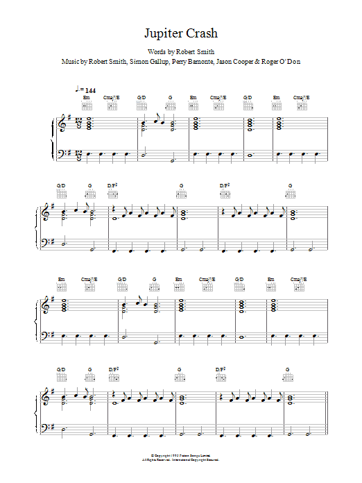 The Cure Jupiter Crash sheet music notes and chords arranged for Piano, Vocal & Guitar Chords
