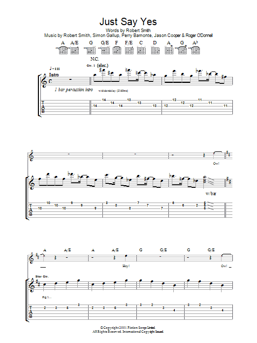 The Cure Just Say Yes sheet music notes and chords arranged for Guitar Tab