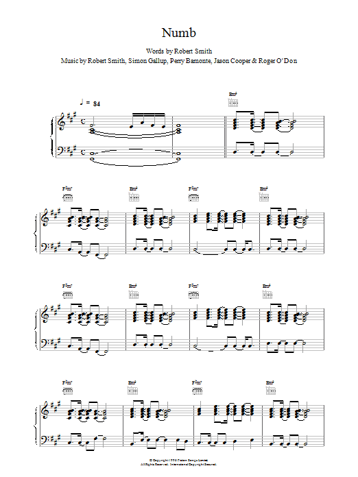 The Cure Numb sheet music notes and chords arranged for Piano, Vocal & Guitar Chords
