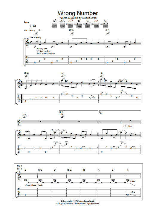 The Cure Wrong Number sheet music notes and chords arranged for Guitar Tab
