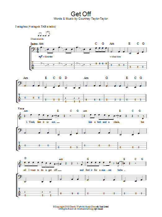 The Dandy Warhols Get Off sheet music notes and chords arranged for Bass Guitar Tab