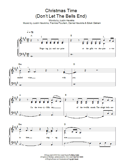 The Darkness Christmas Time (Don't Let The Bells End) sheet music notes and chords arranged for Easy Piano