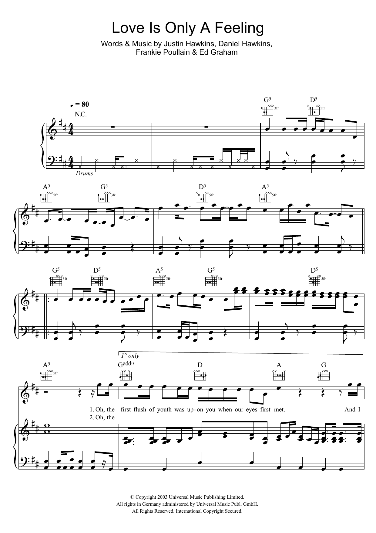 The Darkness Love Is Only A Feeling sheet music notes and chords arranged for Piano, Vocal & Guitar Chords