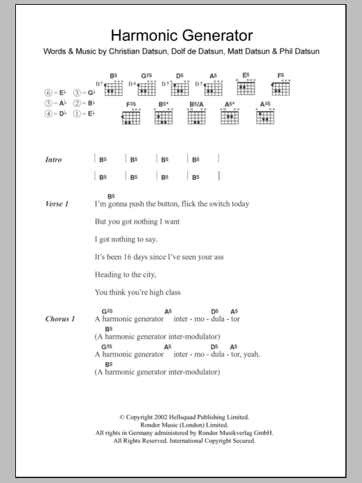 The Datsuns Harmonic Generator sheet music notes and chords arranged for Guitar Chords/Lyrics