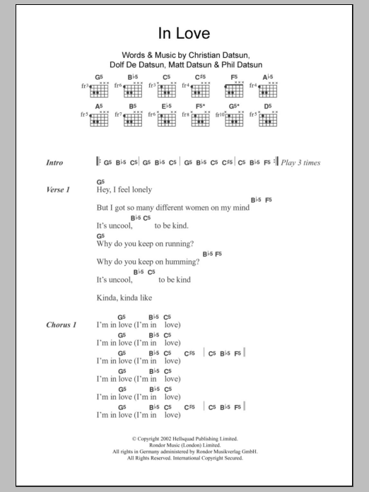 The Datsuns In Love sheet music notes and chords arranged for Guitar Chords/Lyrics