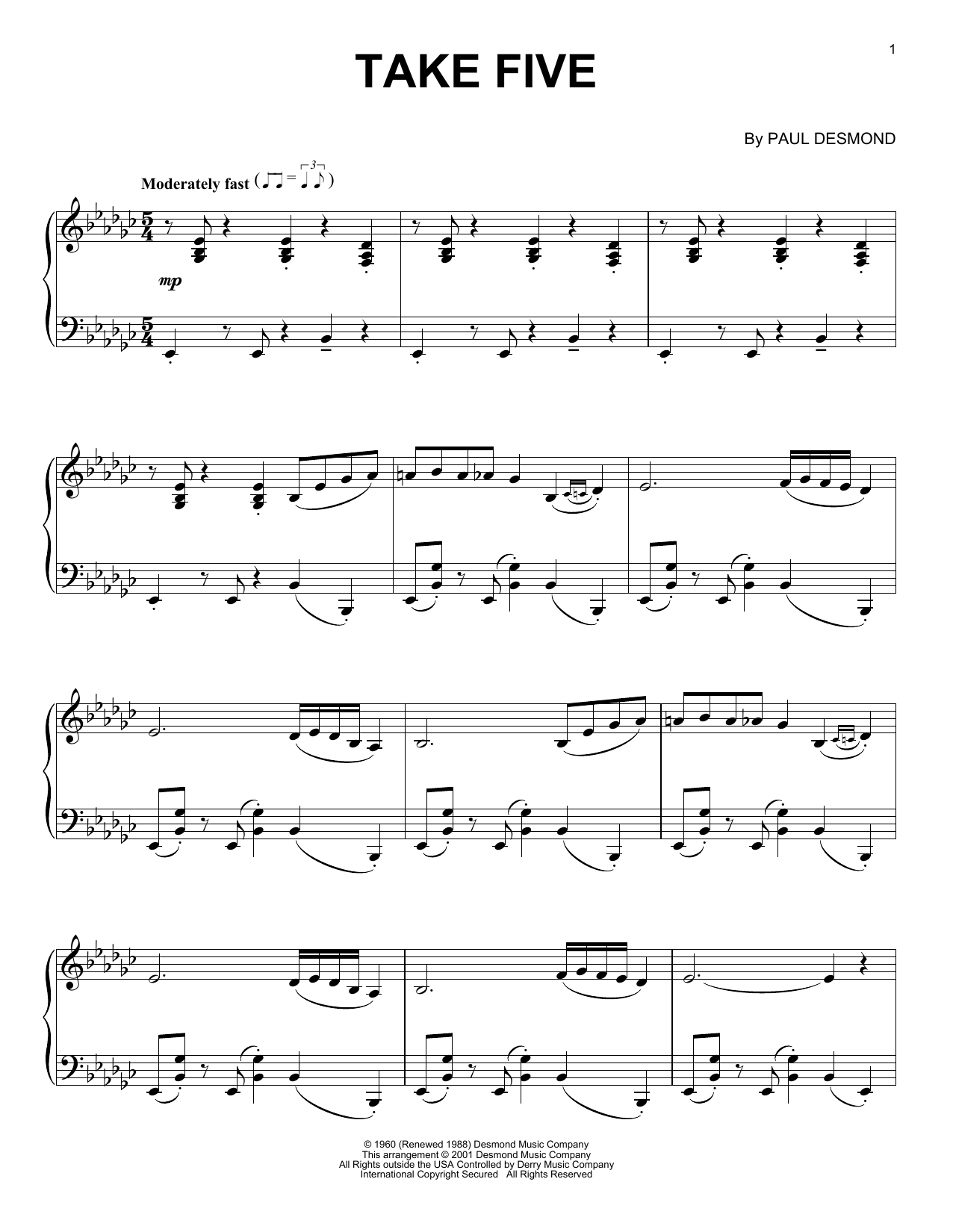 The Dave Brubeck Quartet Take Five sheet music notes and chords arranged for Piano Solo