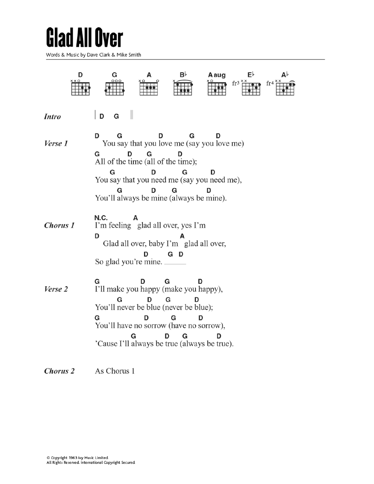 The Dave Clark Five Glad All Over sheet music notes and chords arranged for Guitar Chords/Lyrics