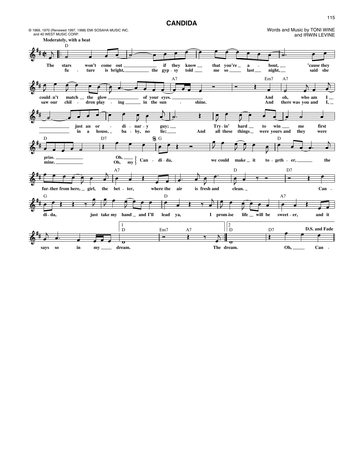 The Dawn & Tony Orlando Candida sheet music notes and chords arranged for Piano, Vocal & Guitar Chords (Right-Hand Melody)