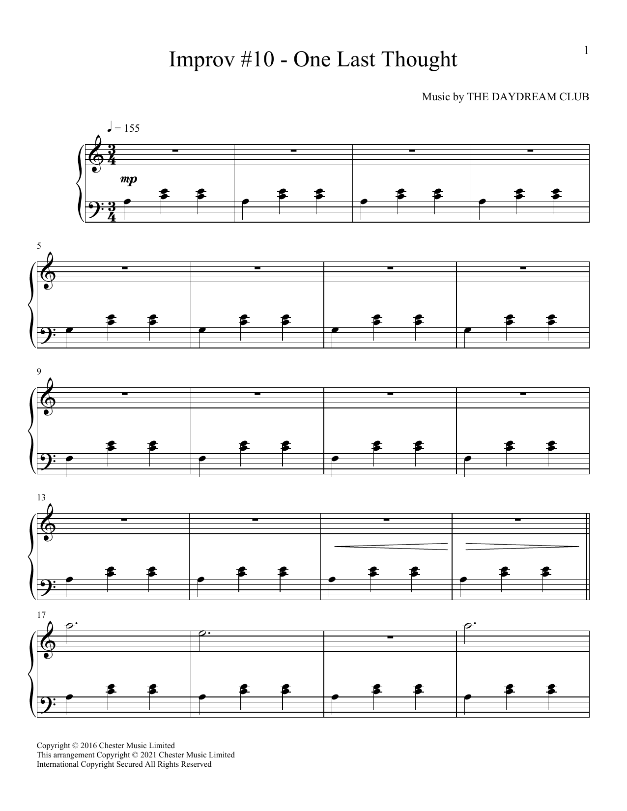 The Daydream Club Improv #10 - One Last Thought sheet music notes and chords arranged for Piano Solo