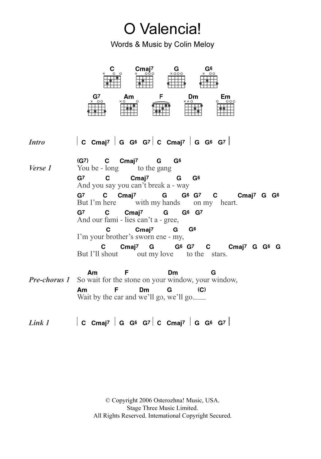 The Decemberists O Valencia! sheet music notes and chords arranged for Guitar Chords/Lyrics