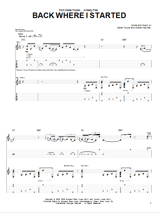 The Derek Trucks Band Back Where I Started sheet music notes and chords arranged for Guitar Tab