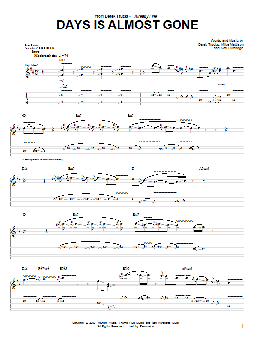 The Derek Trucks Band Days Is Almost Gone sheet music notes and chords arranged for Guitar Tab