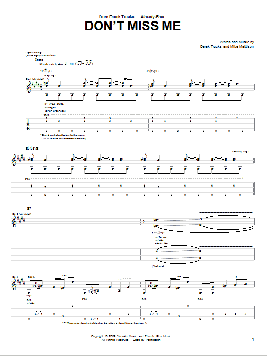 The Derek Trucks Band Don't Miss Me sheet music notes and chords arranged for Guitar Tab