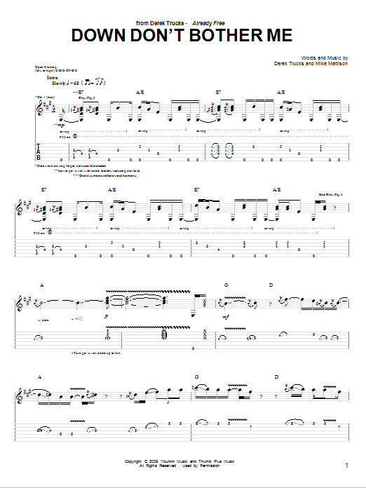 The Derek Trucks Band Down Don't Bother Me sheet music notes and chords arranged for Guitar Tab
