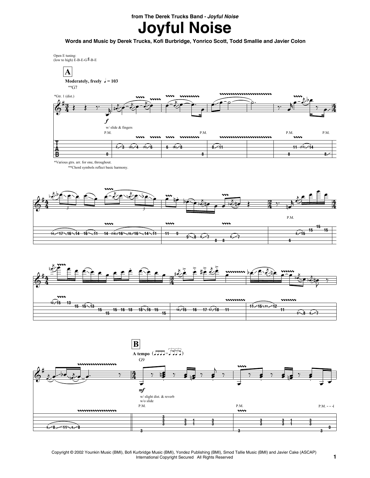 The Derek Trucks Band Joyful Noise sheet music notes and chords arranged for Guitar Tab