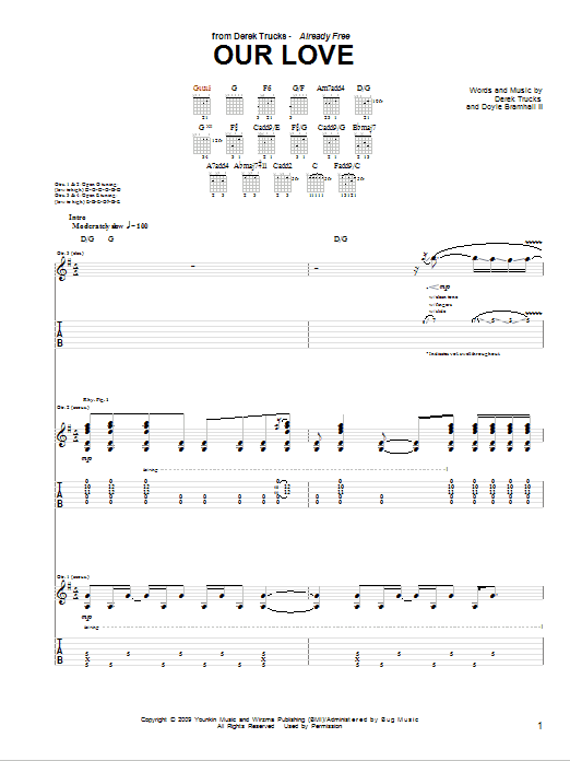 The Derek Trucks Band Our Love sheet music notes and chords arranged for Guitar Tab