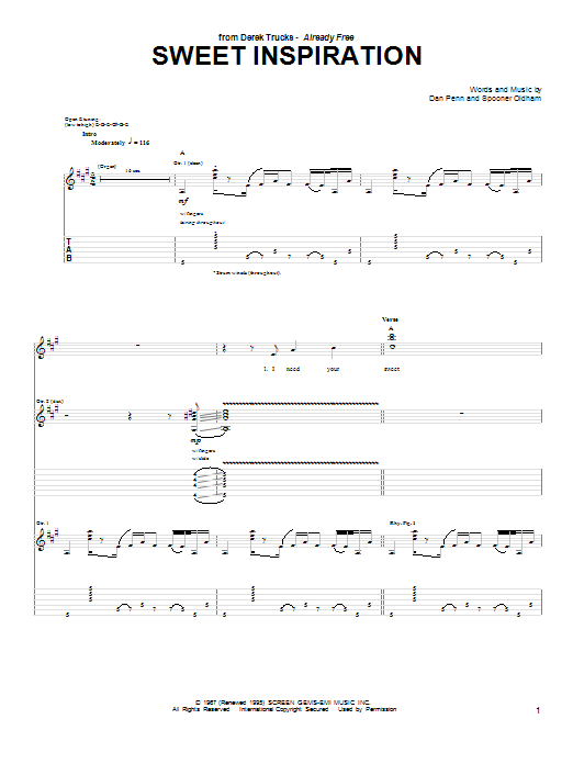 The Derek Trucks Band Sweet Inspiration sheet music notes and chords arranged for Guitar Tab