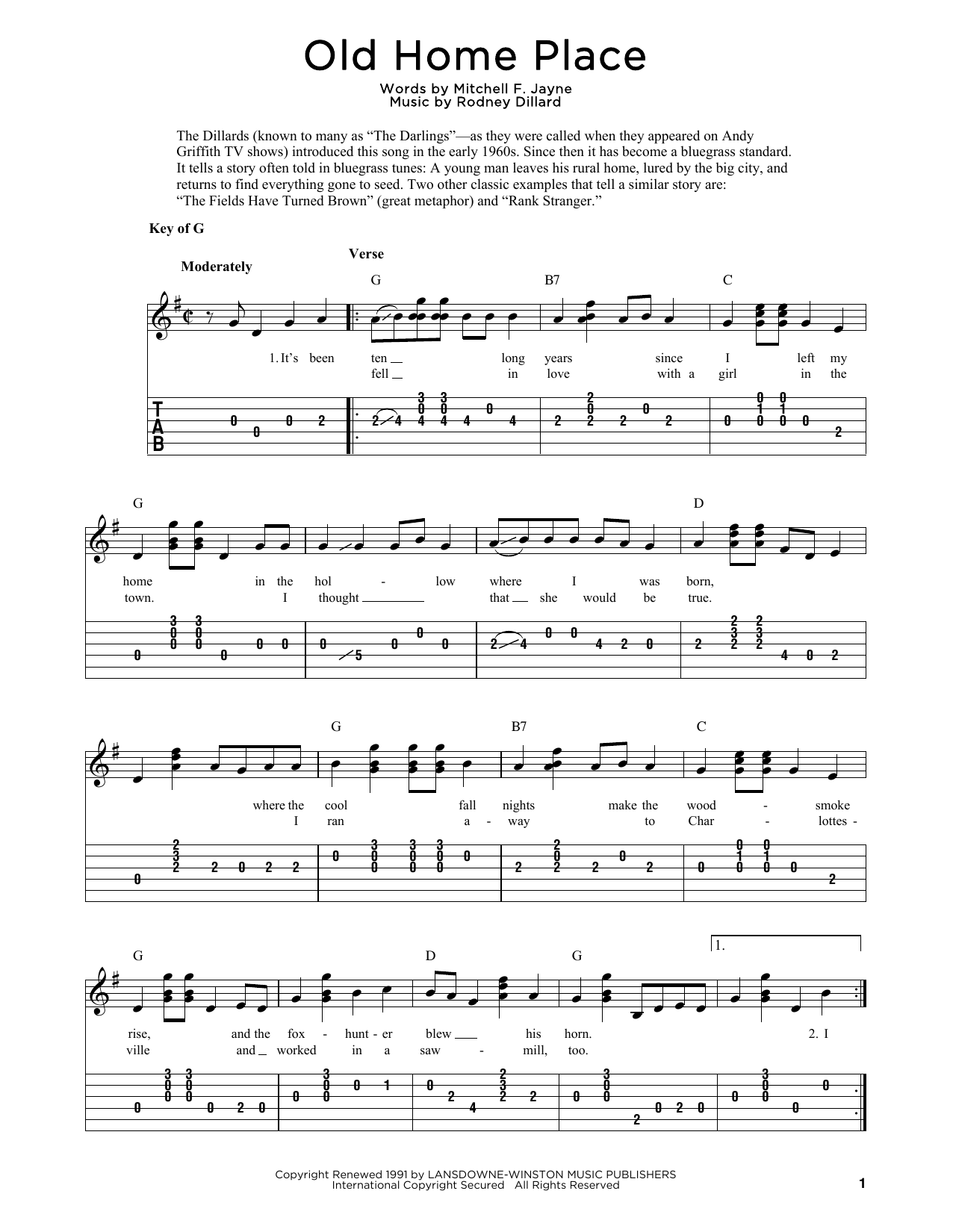 The Dillards Old Home Place sheet music notes and chords arranged for Real Book – Melody, Lyrics & Chords