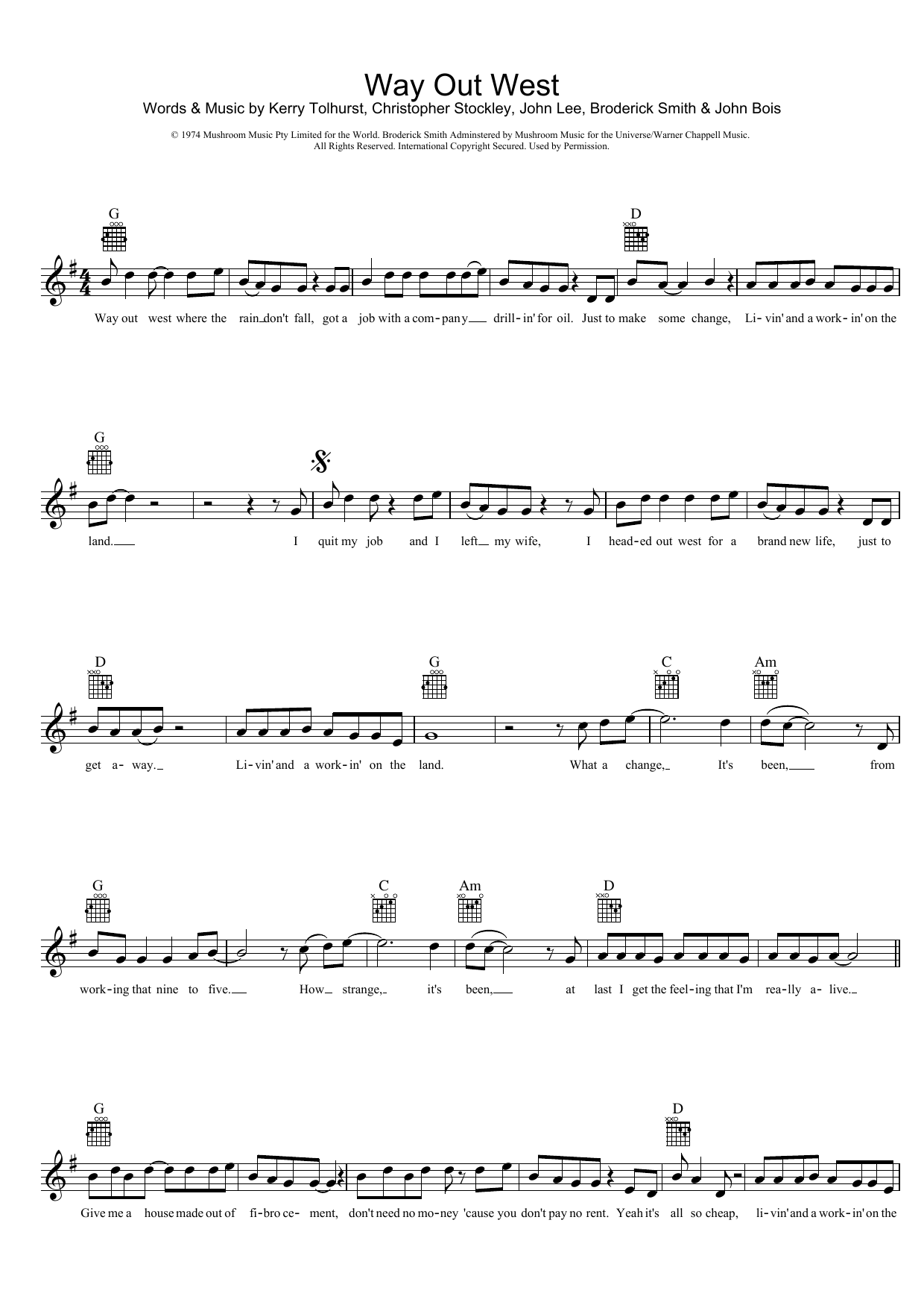 The Dingoes Way Out West sheet music notes and chords arranged for Lead Sheet / Fake Book